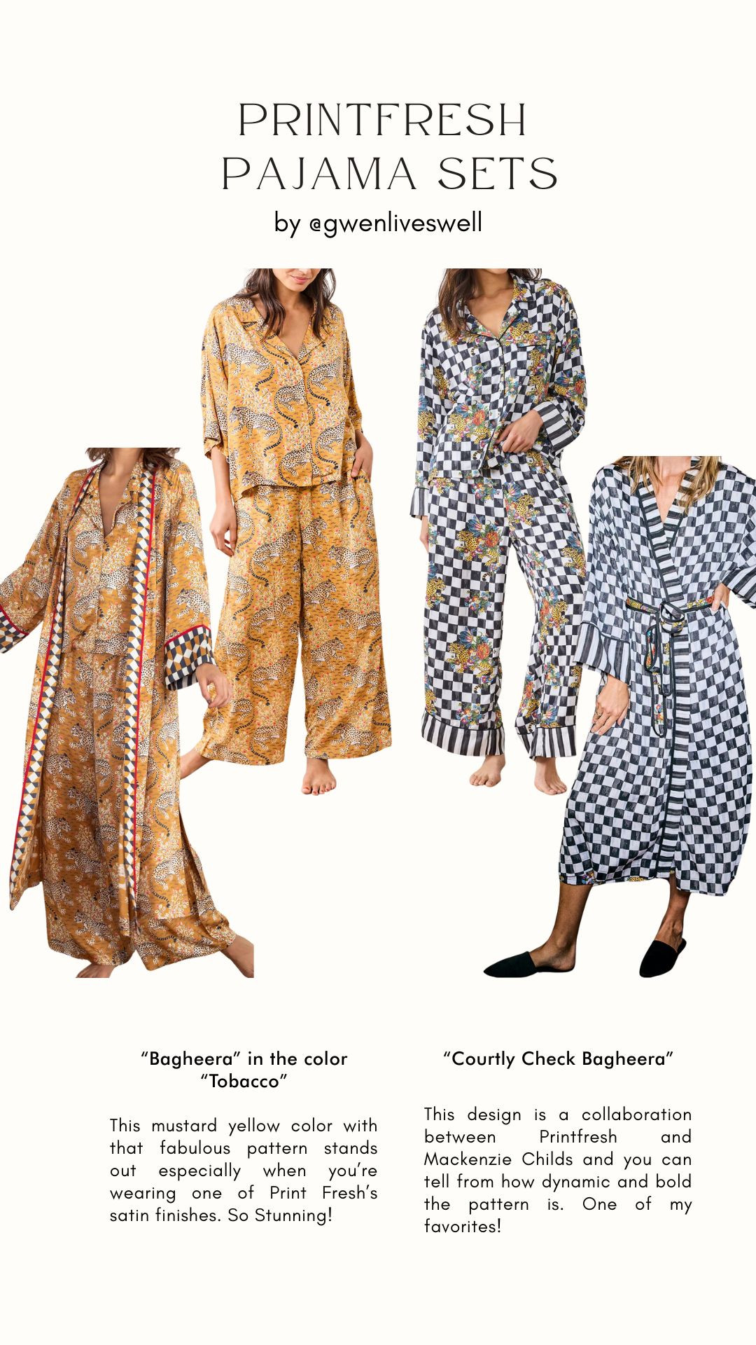 Cozy season just got so much cuter with these Printfresh pajama sets I’m loving right now! If you’re shopping for luxe sleepwear, bold prints, or the perfect holiday gift, these sets are truly the softest, chicest, and most giftable PJs.

The Bagheera in Tobacco is a showstopper (that satin finish 😍), and the Courtly Check Bagheera collab with Mackenzie Childs is bold, fun, and irresistibly unique. If you love standout patterns and elevated comfort, these are the pajamas you’ll reach for again and again.✨ 

 #Printfresh #PrintfreshPajamas #LoungewearFavorites #HolidayGiftsForHer #CozyGiftGuide #LTKHoliday #LTKUnder100 #LTKFashion #GiftIdeas2024 #PajamaSet #LuxuryLoungewear #SatinPajamas #GwenLivesWell #LTKGiftGuide #LTKHoliday #LTKselfcare