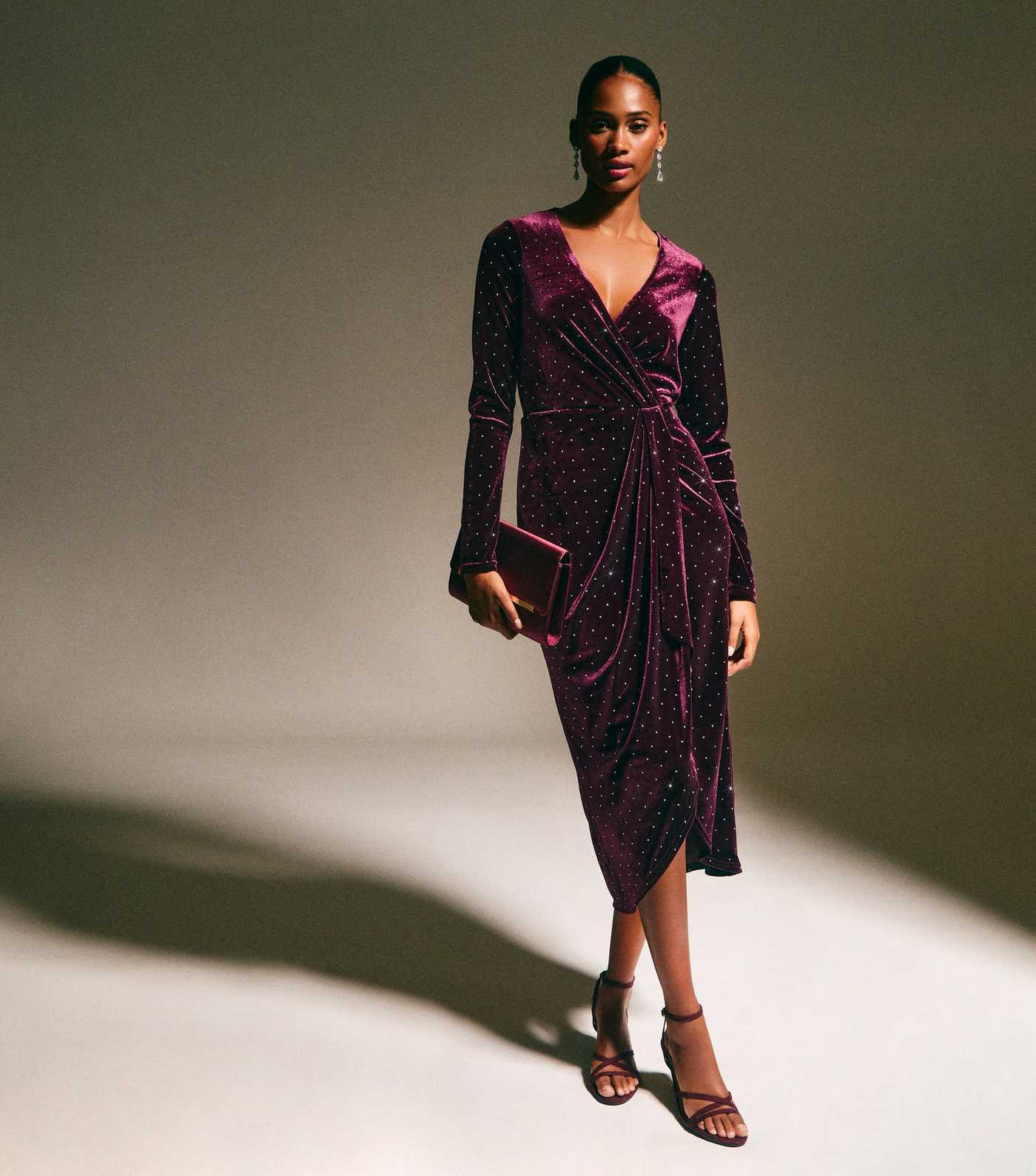 Dark Burgundy Velvet Diamante Embellished Wrap Midi Dress | New Look | New Look (UK)