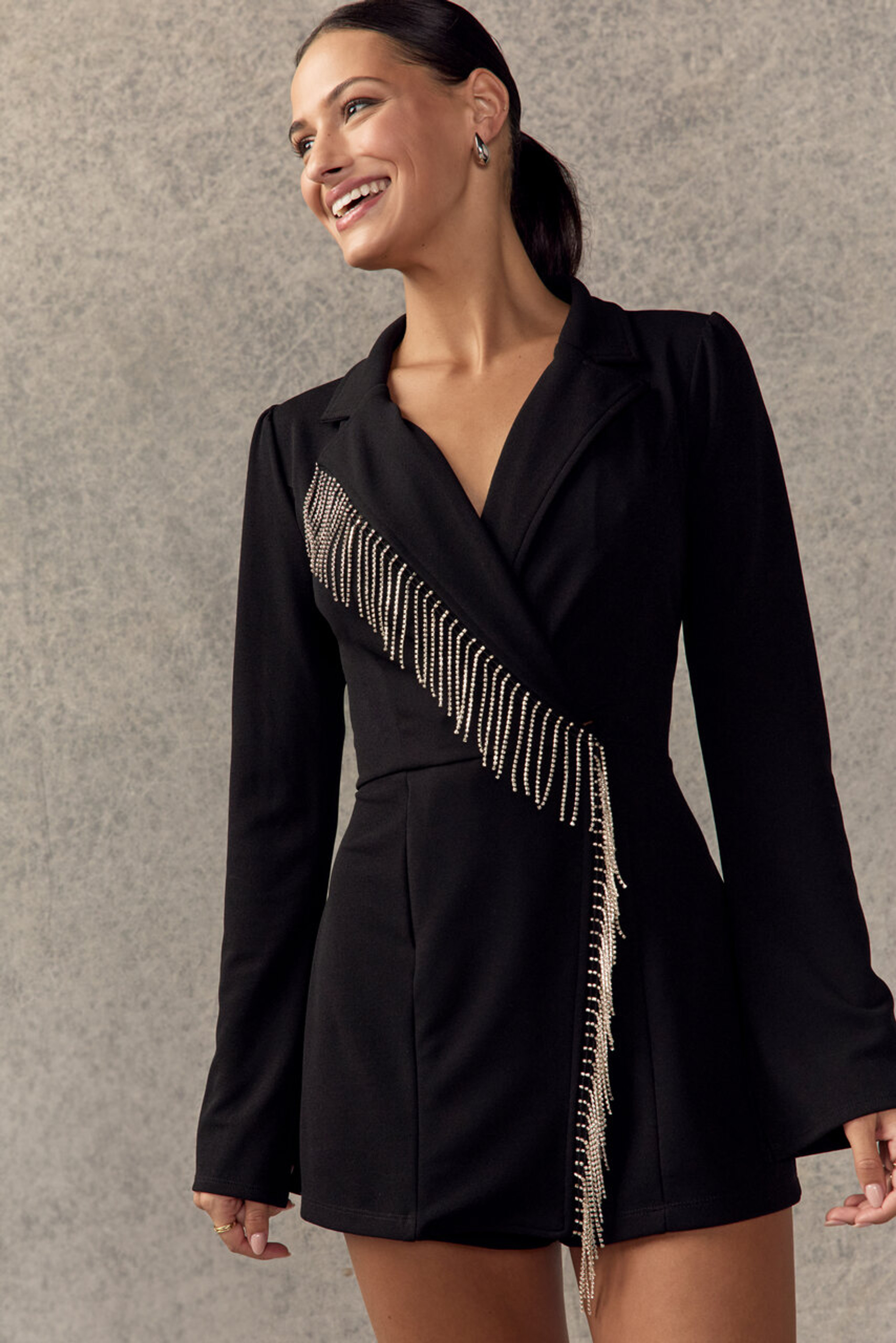 Kristen Crystal Fringe Blazer Romper | Francesca's