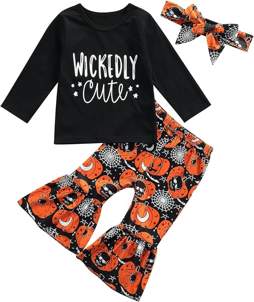 Baby Girl Halloween Clothes Set Long Sleeve Letter Tops Pumpkin Bell-Bottoms Pants with Headband 3Pc | Amazon (US)
