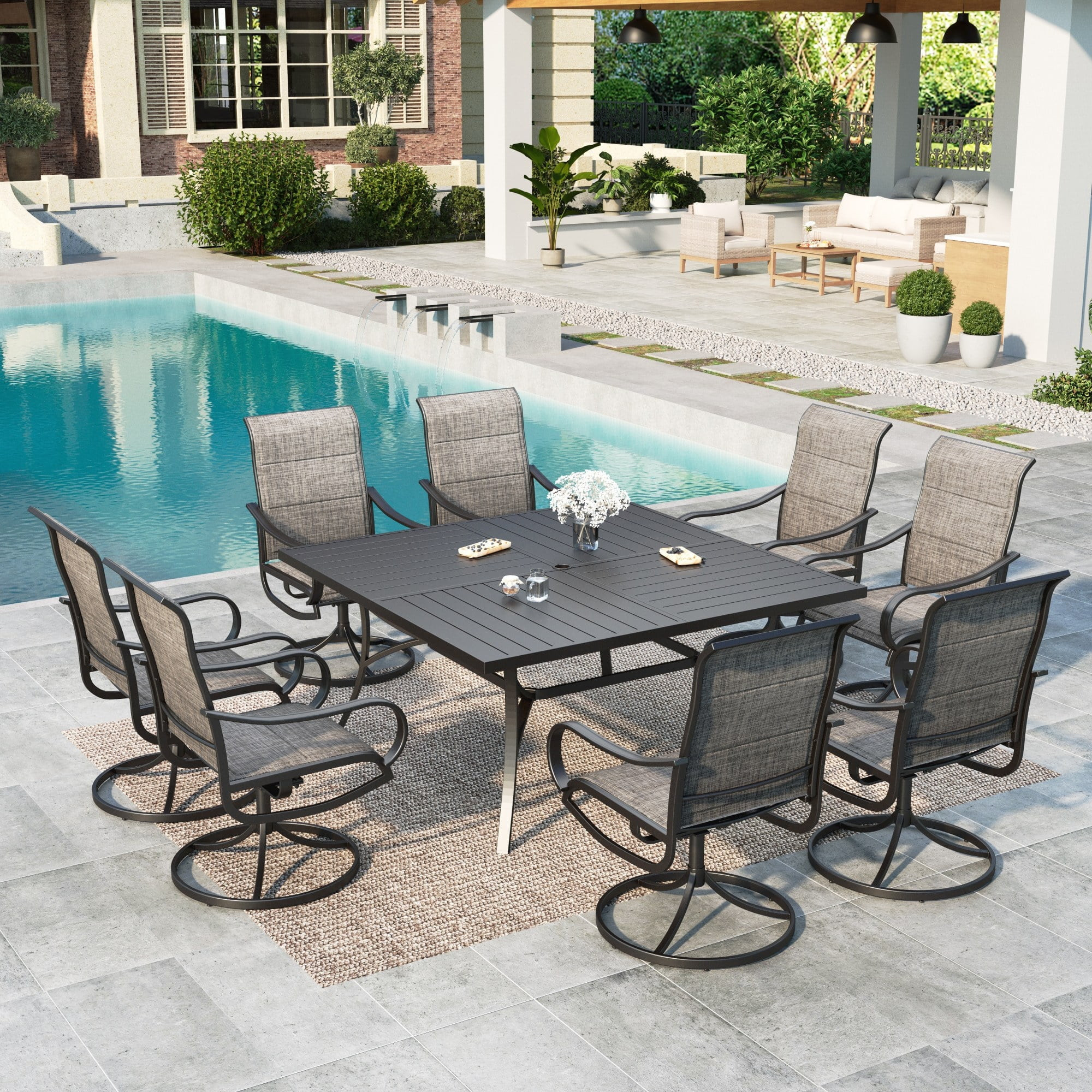 MF Studio 9-Piece Outdoor Dining Set with Large Square Table & High-Back Swivel Sling Chairs for ... | Walmart (US)