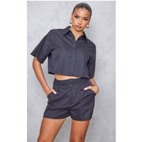 Black Woven Oversized Short Sleeve Button Up Cropped Shirt | PrettyLittleThing CAN