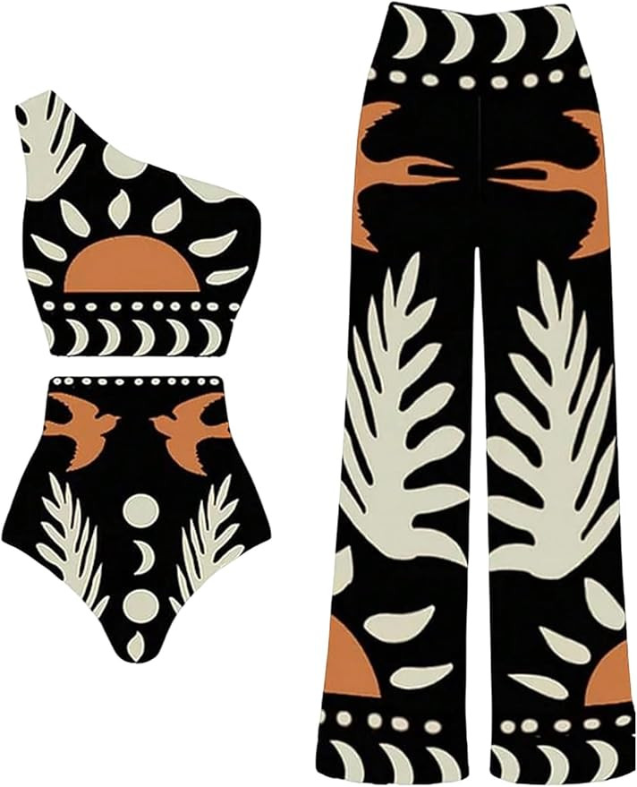 SOLY HUX Women's 3 Piece Swimsuit Printed One Shoulder High Waisted Bikini Set Bathing Suit with ... | Amazon (US)
