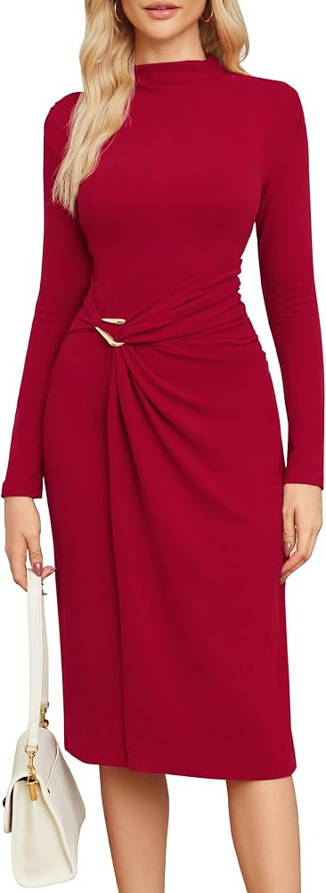 Newshows Womens 2025 Fall Dresses Casual Bodycon Mock Neck Long Sleeve Knit Midi Elegant Business... | Amazon (CA)