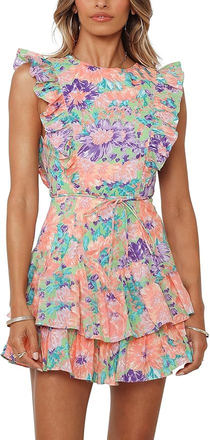DOUFIN Women's Floral Crew Neck Sleeveless Ruffle Shoulder Summer Dress Waist Tie Double Layers R... | Amazon (US)