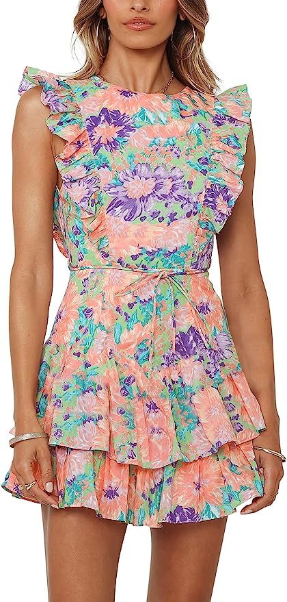 DOUFIN Women's Floral Crew Neck Sleeveless Ruffle Shoulder Summer Dress Waist Tie Double Layers R... | Amazon (US)