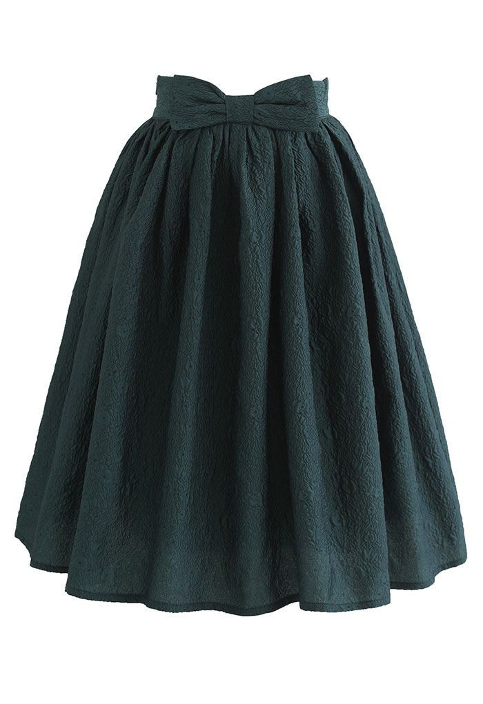 Bowknot Waist Florets Jacquard Midi Skirt in Green | Chicwish