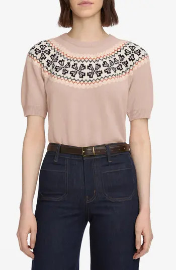 FRAME The Fair Isle Short Sleeve Cashmere Sweater in Pink Sand at Nordstrom Rack, Size Small | Nordstrom Rack