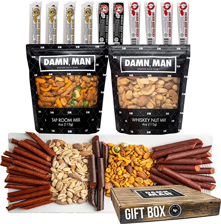 Nuts and Jerky Gift Basket for Men, 12 Items – Beef Jerky Sticks and Unique Nut Flavors – Sma... | Amazon (US)