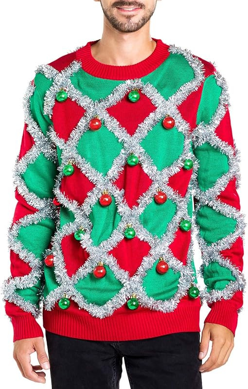 Men's Ornament and Garland Ugly Christmas Sweater - Green and Red Funny Tacky Tinsel Christmas Sw... | Amazon (US)