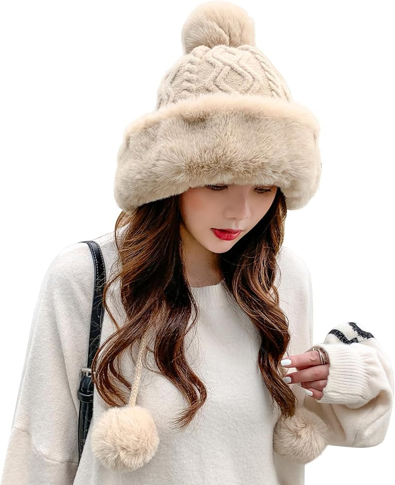 Peicees Womens Fur Hats with Pompom for Winter Warm Knit Beanie Skull Cap Russian Ushanka Trapper... | Amazon (US)