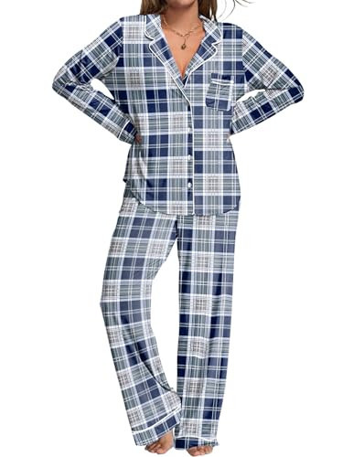 Ekouaer Womens Pajamas Set 2 Piece Button Down Pjs Soft Long Sleeve Top and Pants Sleepwear Set Lounge Sets Blue Grey Plaid M | Amazon (US)