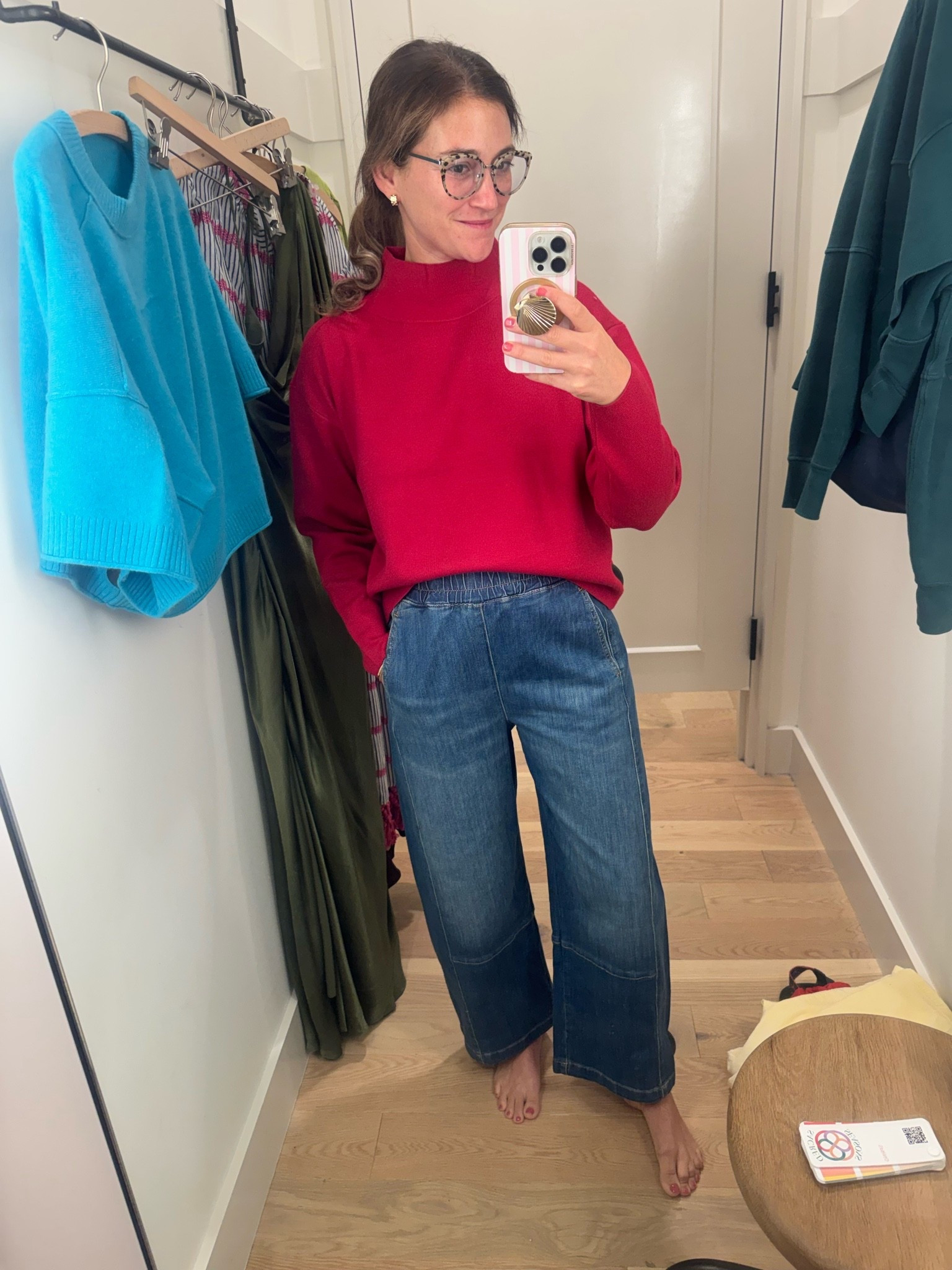 Lipstick red mock neck sweater and comfy pull on barrel jeans