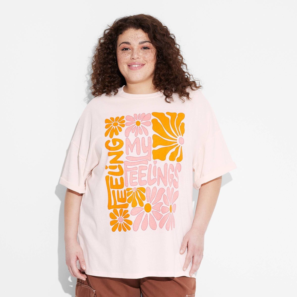Women's Feeling My Feelings Oversized Short Sleeve Graphic T-Shirt - Light Pink | Target