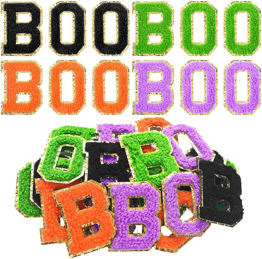 Watersay 24 Pcs Halloween Boo Iron on Patches Sew on Chenille Letter Patches Self Adhesive Glitte... | Amazon (US)