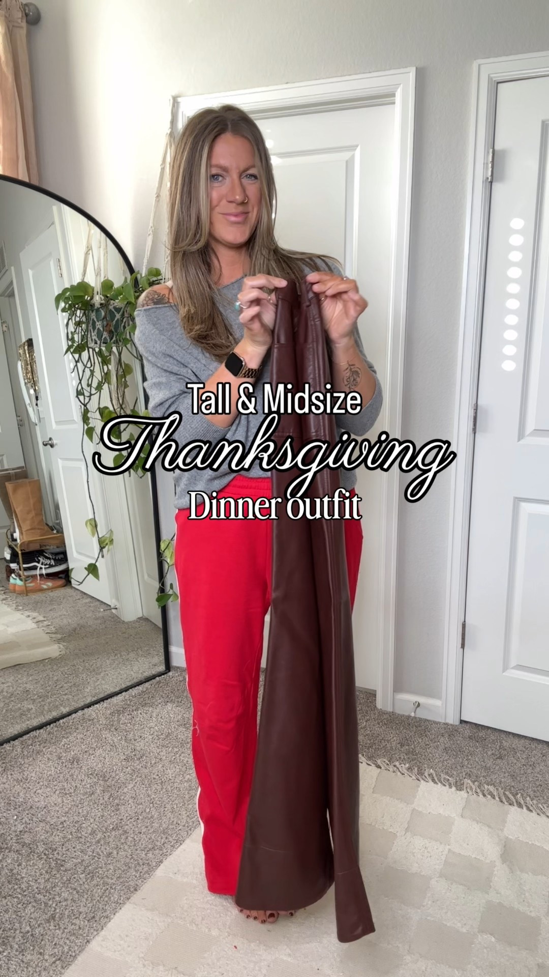 Thanksgiving dinner outfit - tall and midsized! 

✨large grey sweater, medium tall red pants, large brown top (color: F-Brown), 31 tall leather pants (size up, run small) large tall coat  

#LTKHoliday #LTKTall #LTKOver40