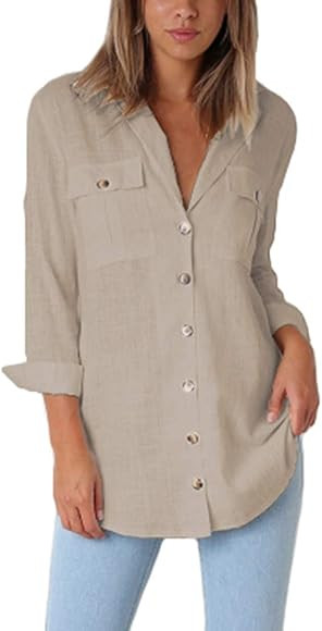 Roskiky Women's Long Sleeve Button Down Shirts Blouses Casual Roll Up Sleeve Top | Amazon (UK)