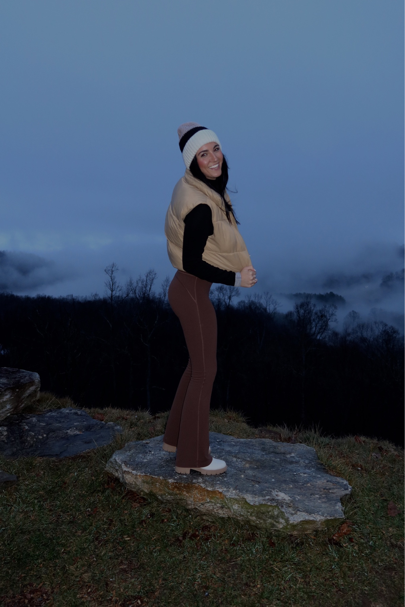 Sporty but cute :) 
Pants: 2 in Java
Vest: small in tan 
Long sleeve: Zara in small 