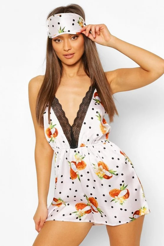Coconut Polka Satin Teddy & Eyemask Set | Boohoo.com (US & CA)