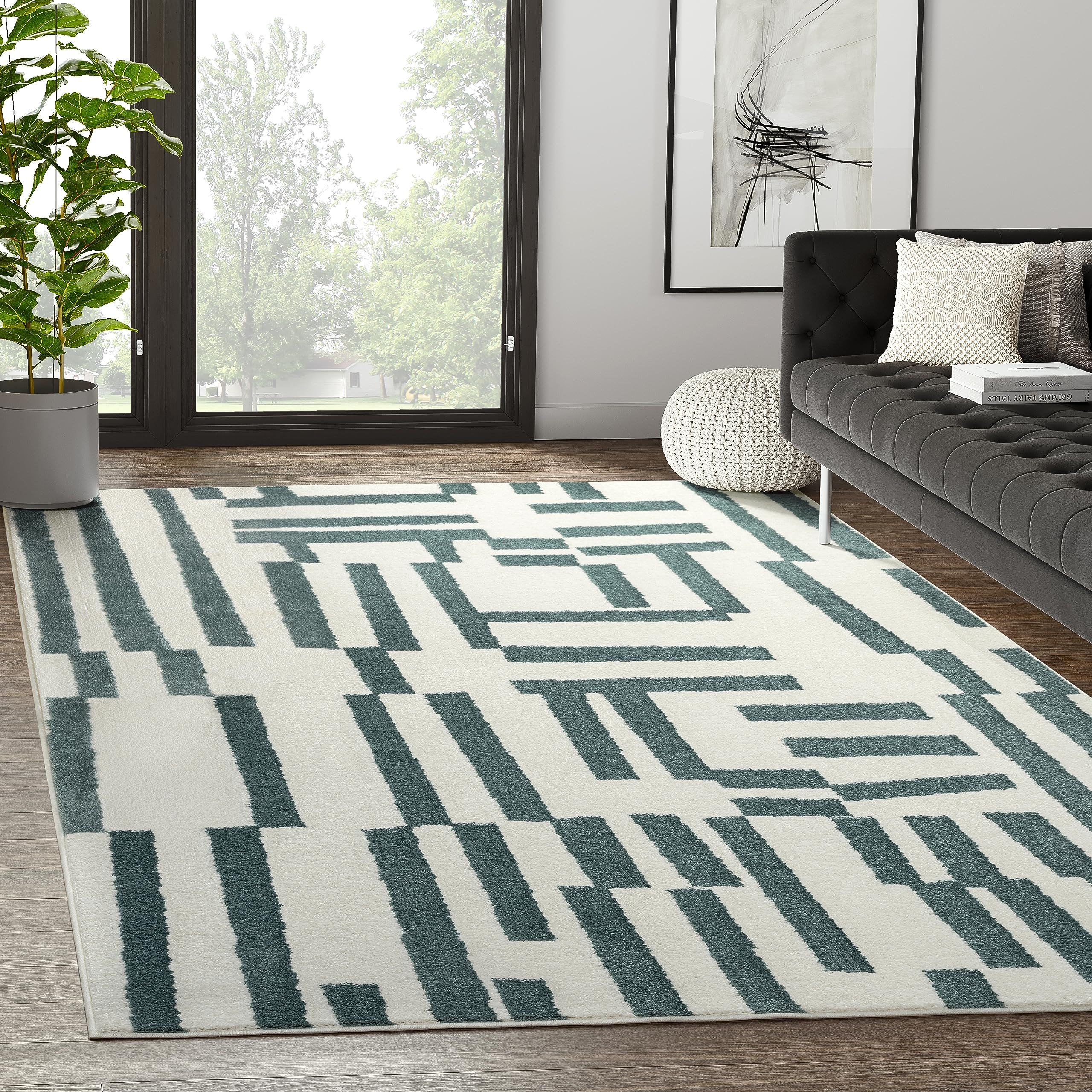 Abani Deco Collection Area Rug -Cream/Green Modern Lines Design -7'9" x 10'2" - Easy to Clean - D... | Amazon (US)