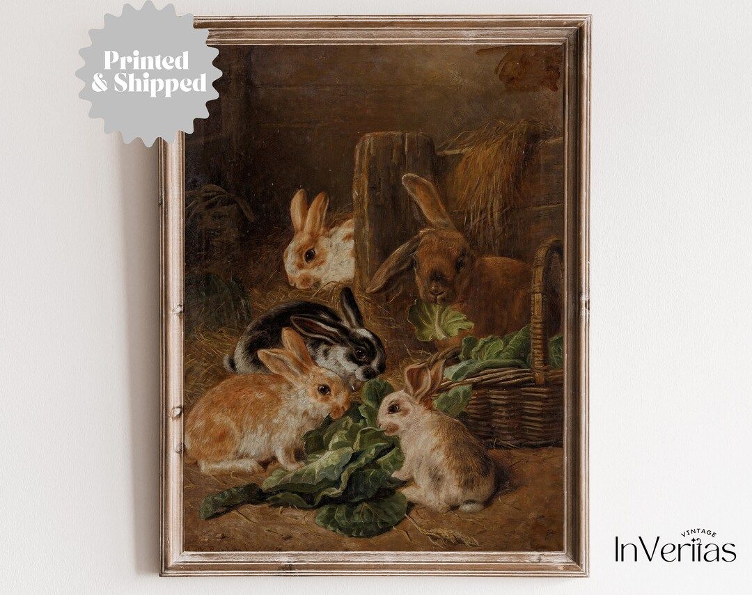 Rabbits Eating Salad Vintage Painting  Farmhouse Easter Decor - Etsy | Etsy (US)