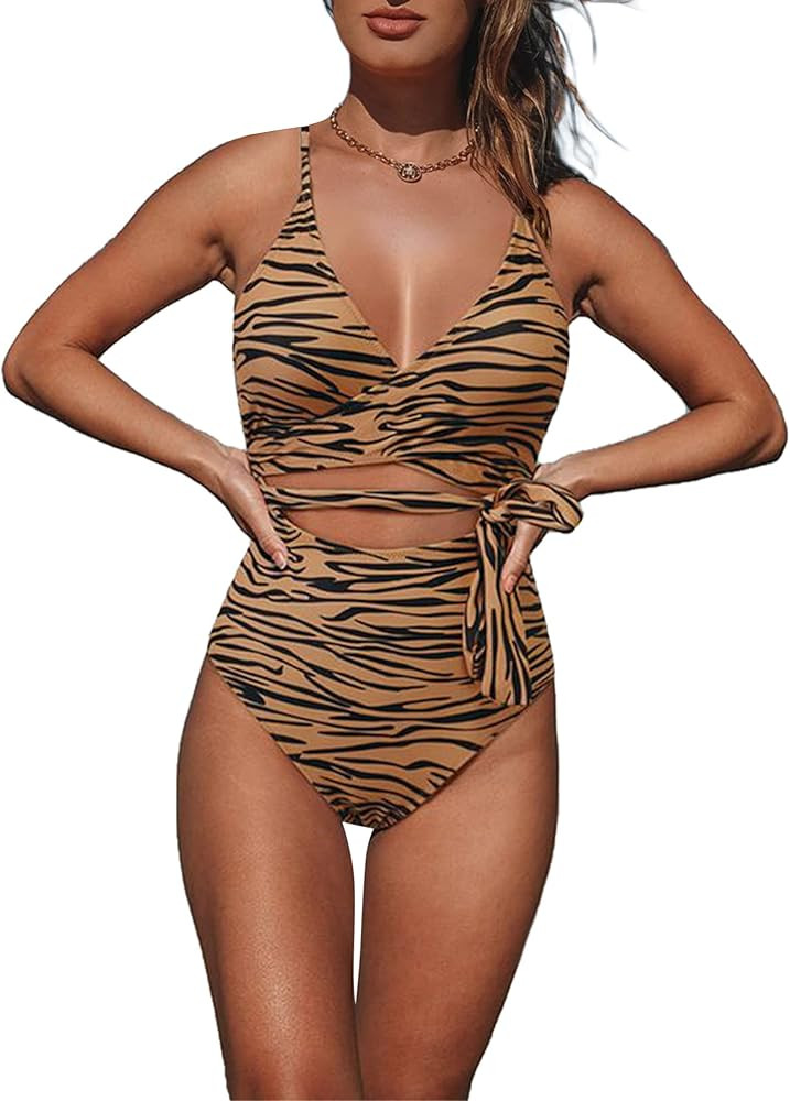 Avanova Womens Zebra Print High Waist One Piece Swimsuit Cut Out Tie Front Bathing Suit | Amazon (US)