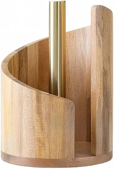 Toallero de papel con base redonda de madera de mango y soporte de hierro, soporte de encimera pa... | Amazon (US)