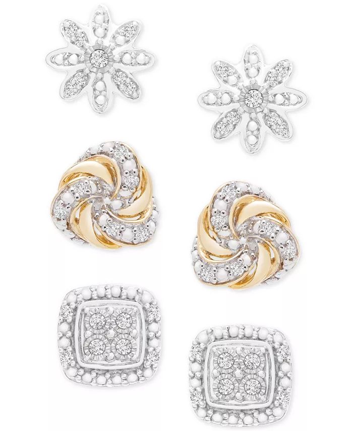 3-Pc. Diamond Stud Earrings Set (1/4 ct. t.w.) in Sterling Silver & 14k Gold-Plate | Macys (US)