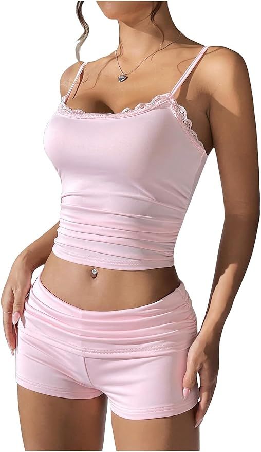 SHENHE Women's Summer Pajamas 2 Piece Sleep Set Lace Trim Crop Cami and Shorts Loungewear | Amazon (US)