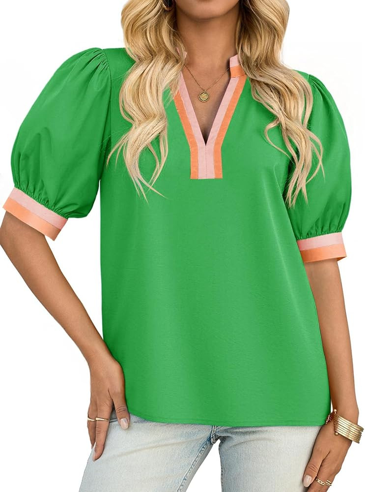 Tankaneo Womens Color Block Puff Sleeve Tops Dressy Casual V Neck Cotton Blouses Summer Loose Fit... | Amazon (US)