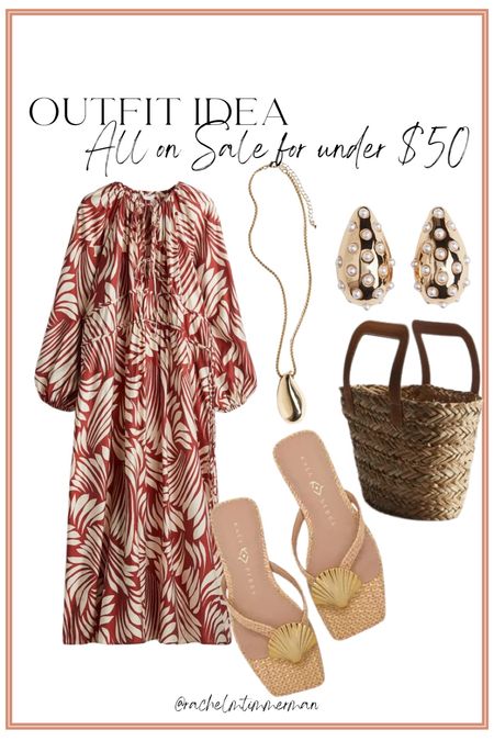 I love this outfit idea! All of these pieces are on sale for under $50. Perfect summer look. I love the print of the dress and these seashell raffia sandals are precious. 

LTK under 50. LTK sale alert. H&M. 