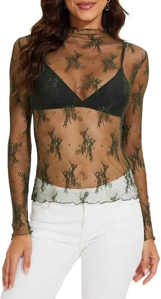 Mesh Long Sleeve Layering Top for Women Mock Neck Floral Embroidery Sheer See Through Tee Shirt B... | Amazon (US)
