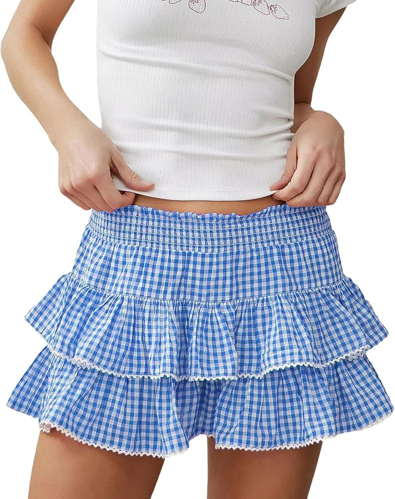 Mini Ruffle Skirt Women Pleated A Line Smocked Floral Boho Elastic High Waist Layered Y2k Tiered ... | Amazon (US)
