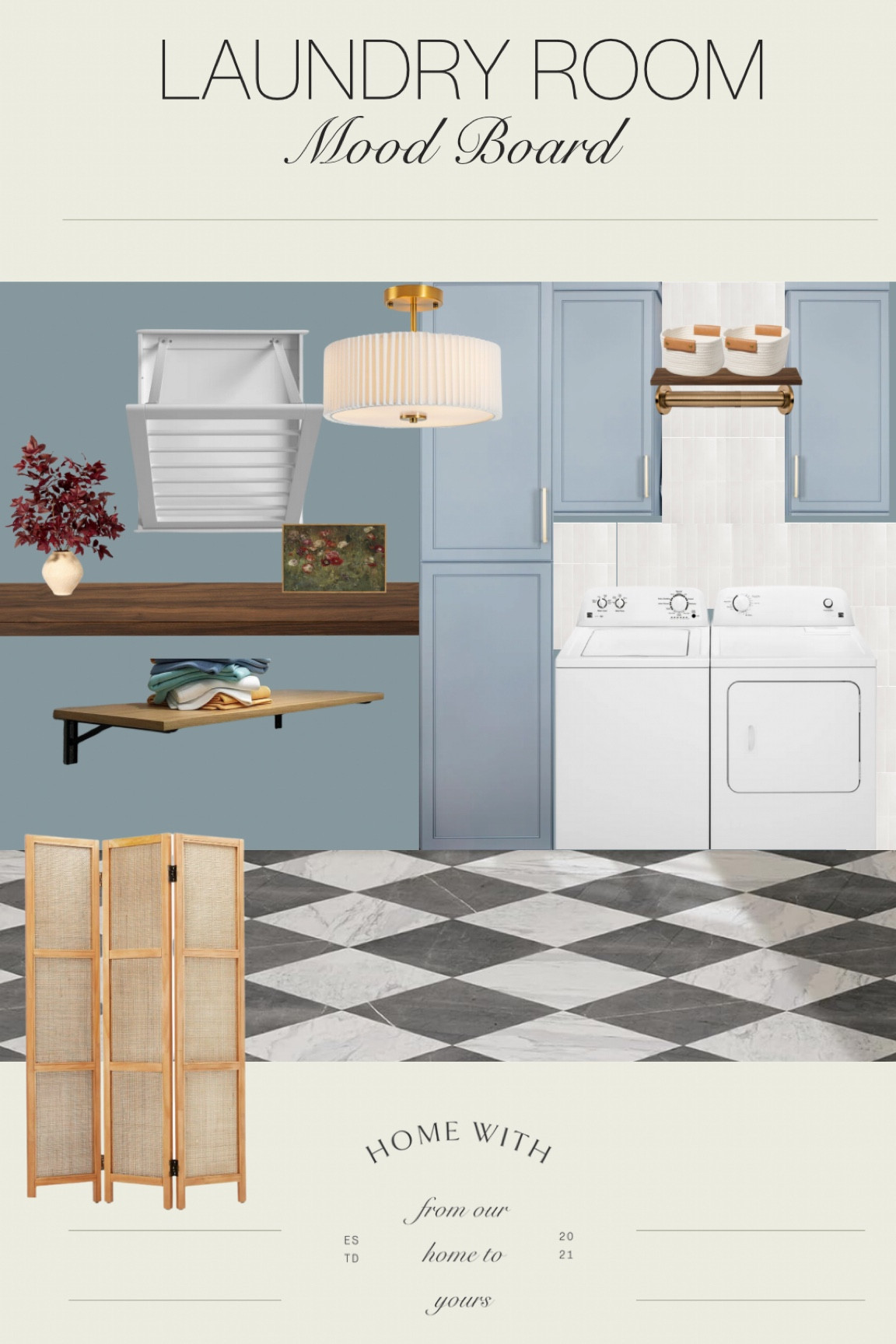 Laundry room mood board! Vancourtland blue was the perfect color for our laundry room! 

Checkered board, privacy room divider, wood drying rack, fluted light, folding laundry table, studio McGee decor 

#LTKStyleTip #LTKSeasonal #LTKHome