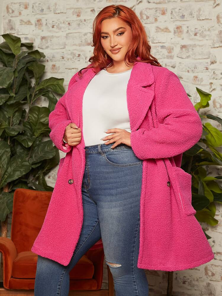 SHEIN FIT+ Plus Double Breasted Teddy Coat | SHEIN