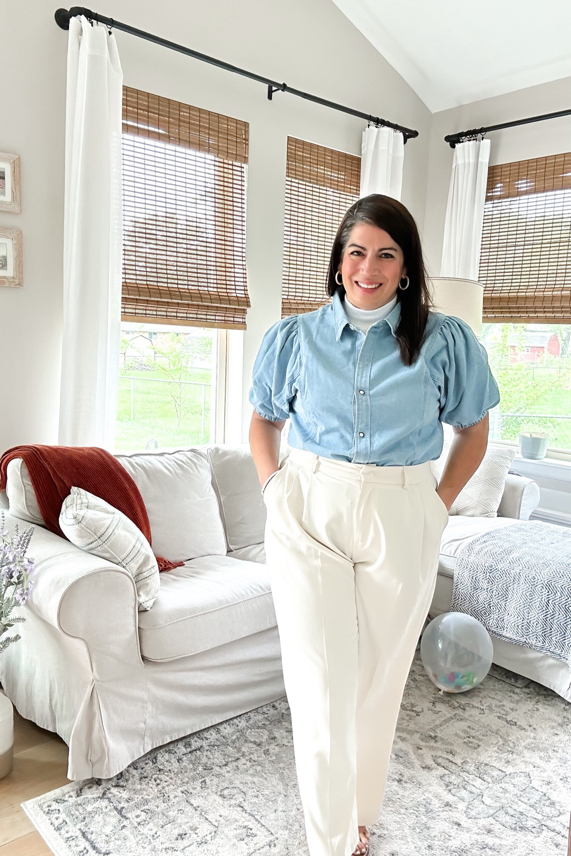 Denim top with puff sleeve from Modlily. It’s so cute and runs TTS
Mother’s Day style 
Workwear style 