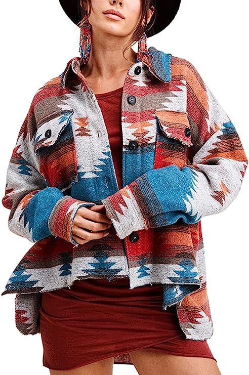 chouyatou Women's Tribal Aztec Pattern Button Down Trucker Shirt Jacket Shacket Coat (Medium, Cof... | Amazon (US)