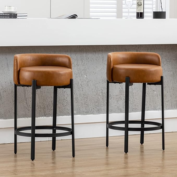 DUOMAY Counter Height Bar Stools 26" Round Barstools Set of 2, Modern Faux Leather Counter Stools... | Amazon (US)
