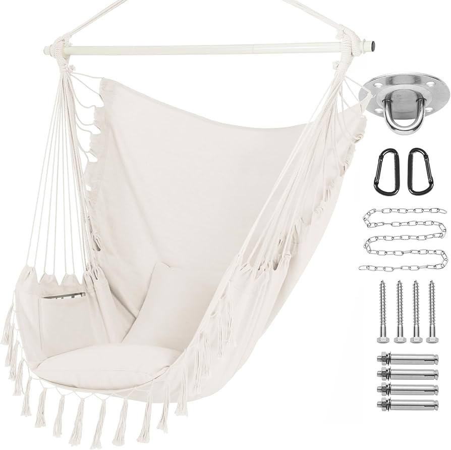 PNAEUT Hammock Chair Hanging Rope Swing with Tassel and Pocket, Max 500 Lbs, 2 Cushions Included, St | Amazon (US)