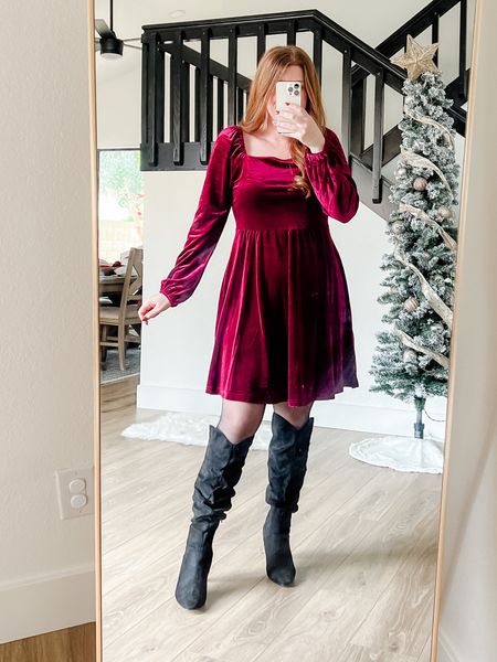 Holiday outfit from amazon. Velvet dress size medium. Amazon boots. Holiday dress. 

#LTKunder50 #LTKHoliday #LTKstyletip