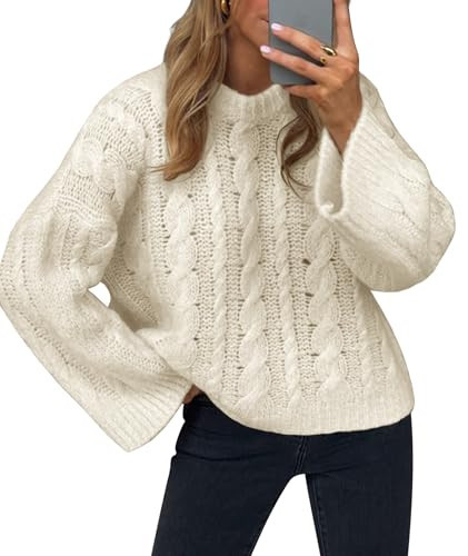 Women’s Cable Knit Sweaters Oversized Crewneck Winter Knit Pullover Y2k Chunky Cozy Sweater White M | Amazon (US)