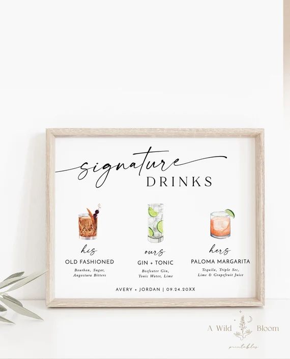 Signature Drinks Sign Template | Signature Cocktail Sign | Minimalist Wedding Bar Menu Sign | His... | Etsy (US)