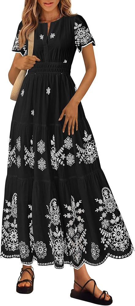 PRETTYGARDEN Boho Dresses for Women 2026 Summer Spring Casual Floral Short Sleeve V Neck Maxi Ela... | Amazon (US)