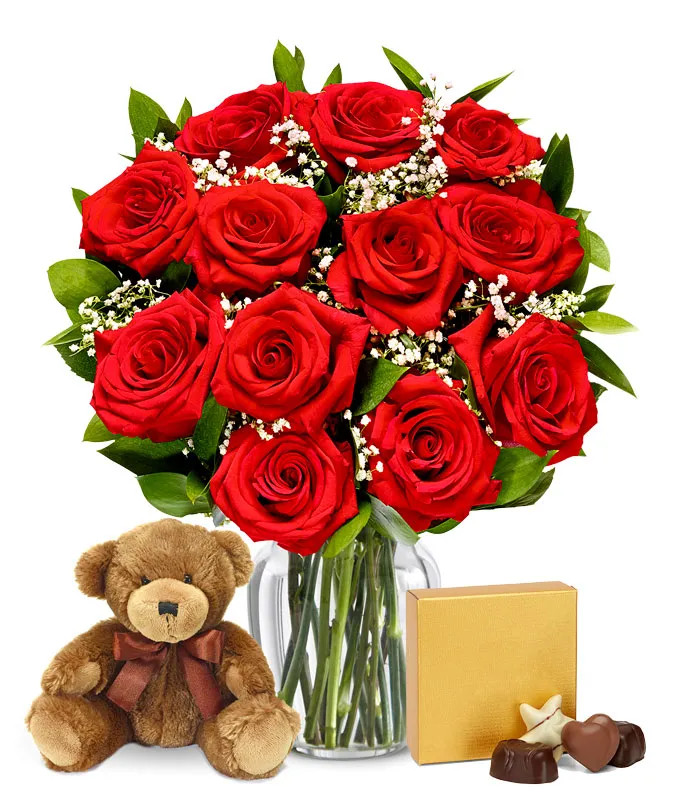 One Dozen Long Stem Red Roses w/ Chocolates & Bear | From You Flowers