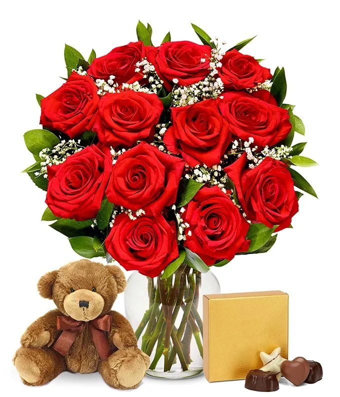 One Dozen Long Stem Red Roses w/ Chocolates & Bear | From You Flowers