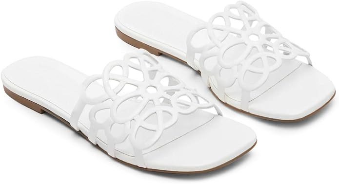 Coutgo Womens Flat Sandals Comfortable Square Open Toe Slides Slip On Summer Dressy Beach Shoes | Amazon (US)