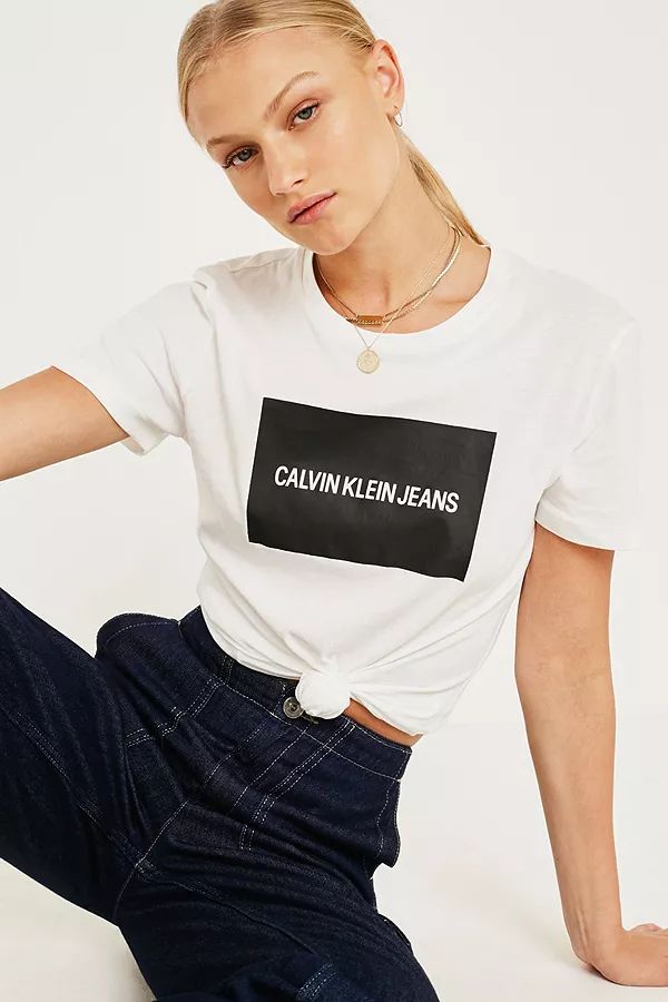 Calvin Klein Jeans Black Box Logo White T-Shirt | Urban Outfitters (EU)