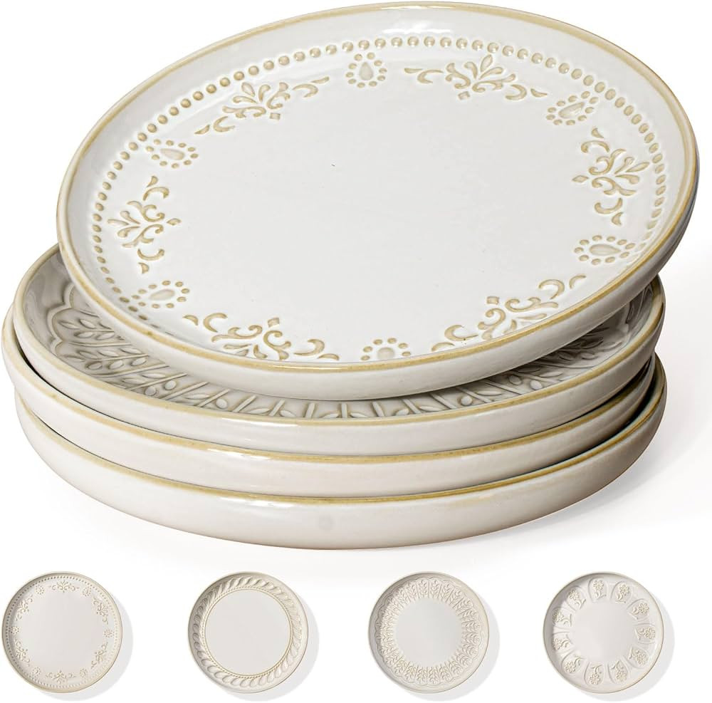 Artena Juego de 4 platos de ensalada en relieve de 8.5 pulgadas, platos de postre de cerámica, p... | Amazon (US)