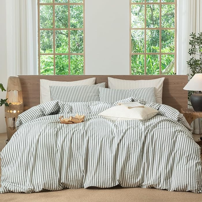 MooMee Striped Duvet Cover Set 100% Washed Cotton Linen Like Textured Breathable Durable Soft Com... | Amazon (US)