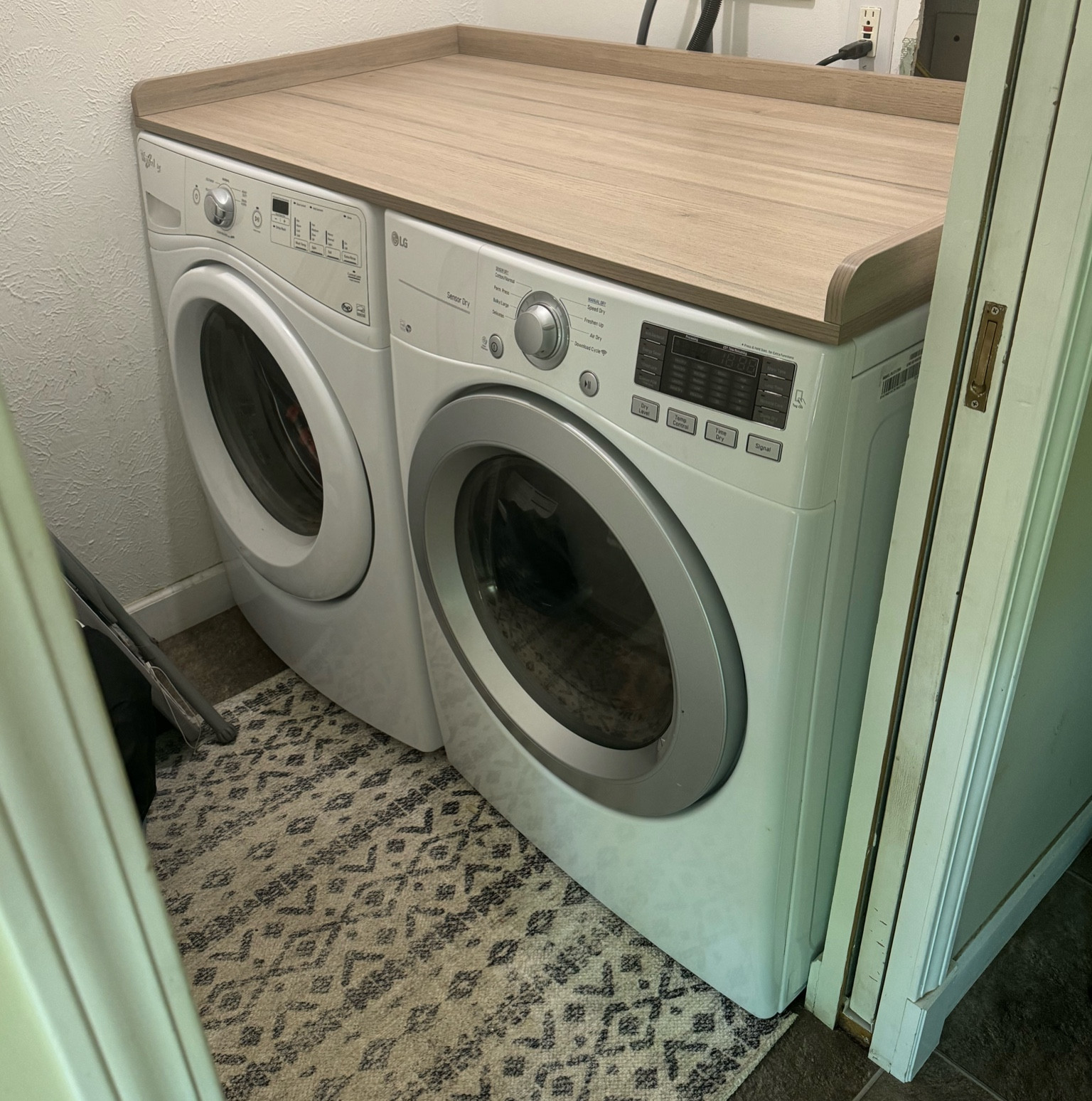 Small laundry room organization,  washer and dryer front loading shelf, laundry room appliance topper shelf , oak wood laundry room decor, washer dryer countertop mount 

#LTKFamily #LTKHome
